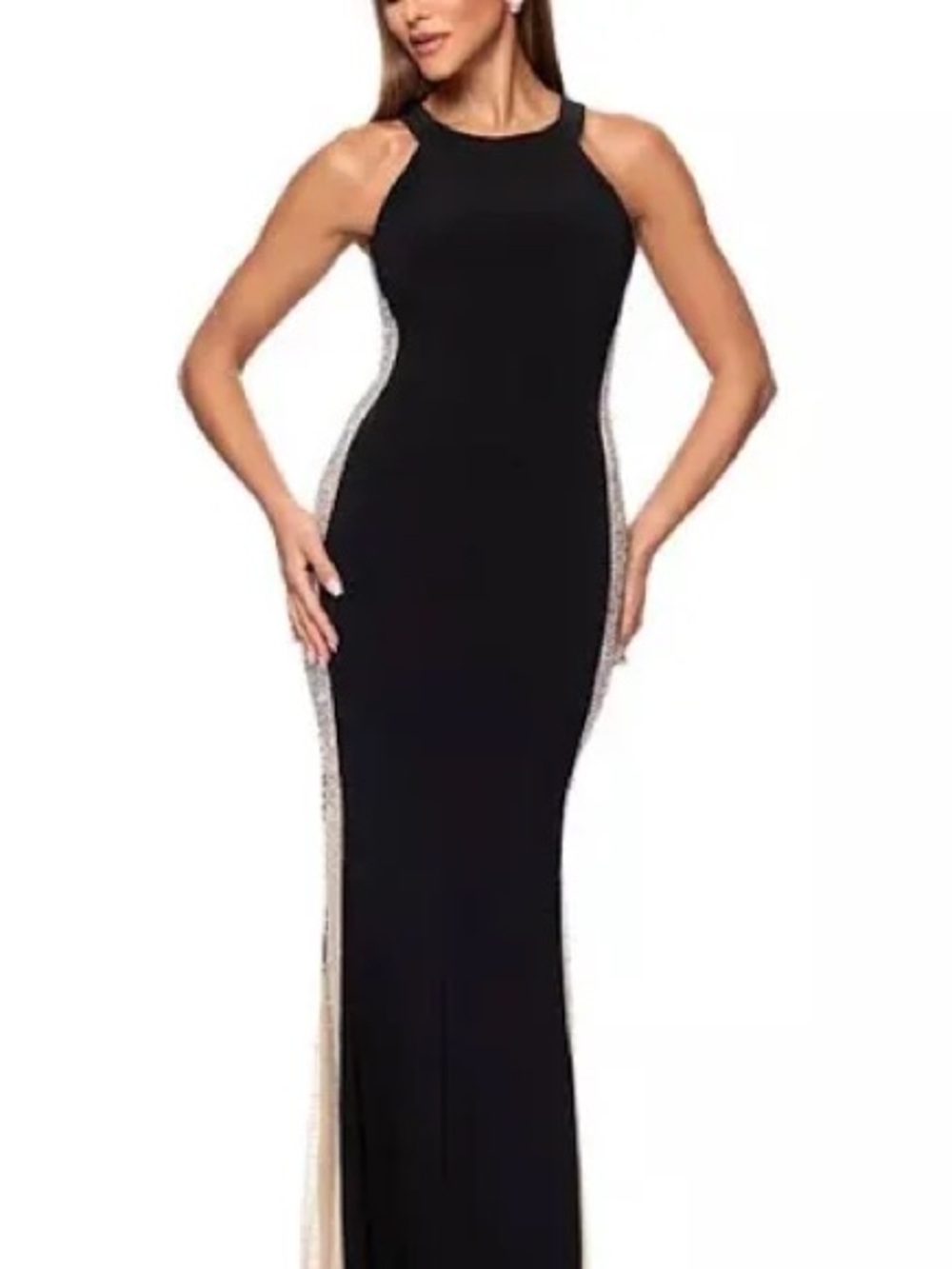 Xscape Black Maxi Gown with Rhinestone Side Trim